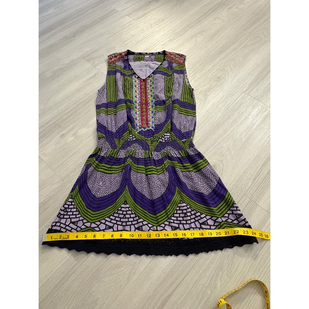 Custo Barcelona Mini Dress Women Purple Green Mosaic Print Beaded Smocked Size 1 - Picture 7 of 16